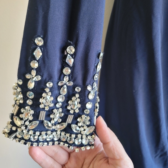 Mac Duggal, Beaded Cuff Drop Shoulder Faux Wrap‎ Gown, Midnight, Size 10, NWT - Picture 11 of 14